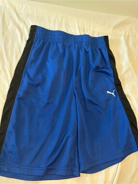 Puma has Boys’ Royal Blue Athletic Mesh Shorts with Black Side Panels